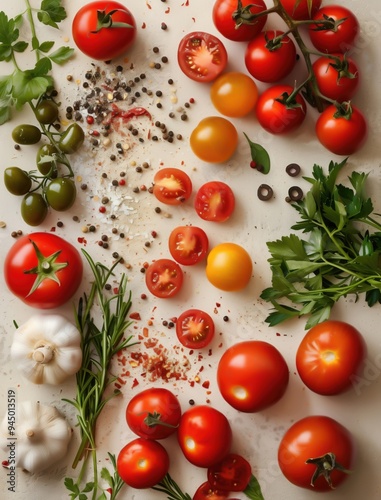 Flat lay of Gazpacho ingredients on beige background, organized knolling style