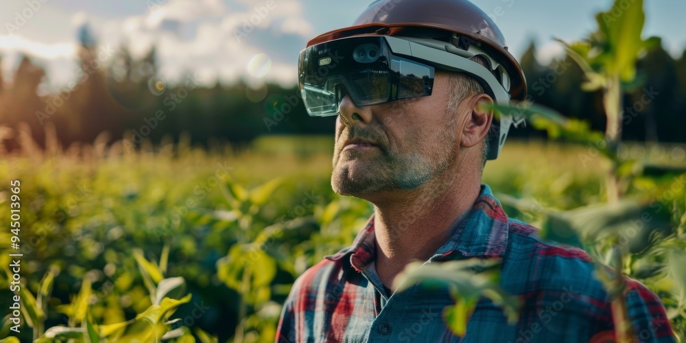 Fototapeta premium men's closet using vr technology in green garden, use of technology in agriculture, with copy space area