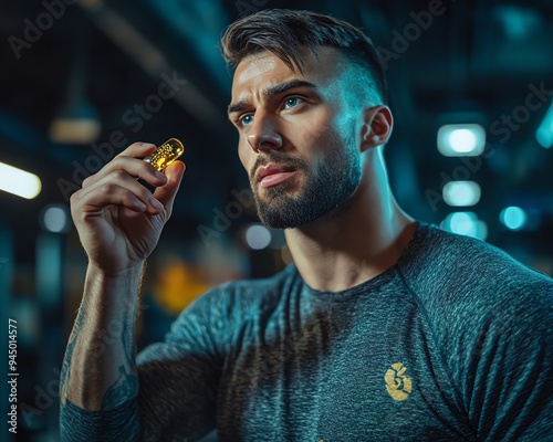 Athlete in gym taking omega 3 supplement, vibrant gym setting, highdefinition and detailed depiction of fitness focus photo