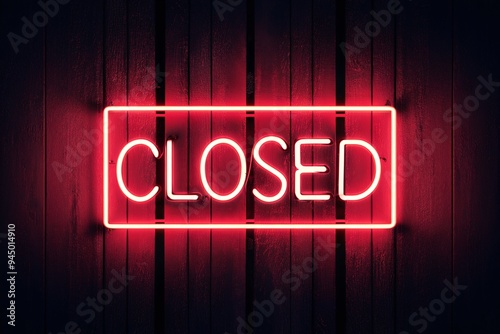 Neon CLOSED red glowing word electricity sign in the middle of a wooden textured wall.