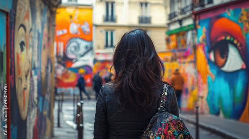 Indian girl admiring the artistic culture of Paris, visiting street art and galleries in the city's