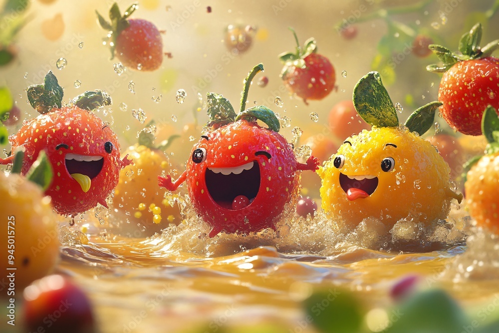 Cheerful tropical fruit characters, splashing in clear water, glowing in the sunlight Cheerful tropical fruit characters, splashing in clear water, glowing in the sunlight
