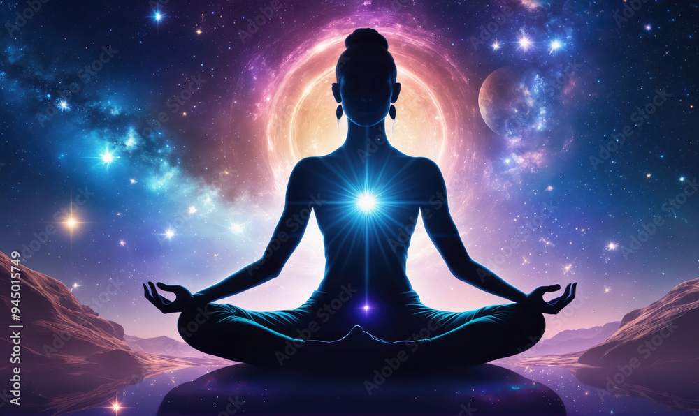A person meditates in a lotus pose, bathed in the glow of a starry night sky A person meditates in a lotus pose, bathed in the glow of a starry night sky
