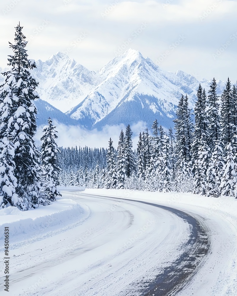 Snowy road winding through a forest of pine trees with snow-capped mountains in the background. Snowy road winding through a forest of pine trees with snow-capped mountains in the background.