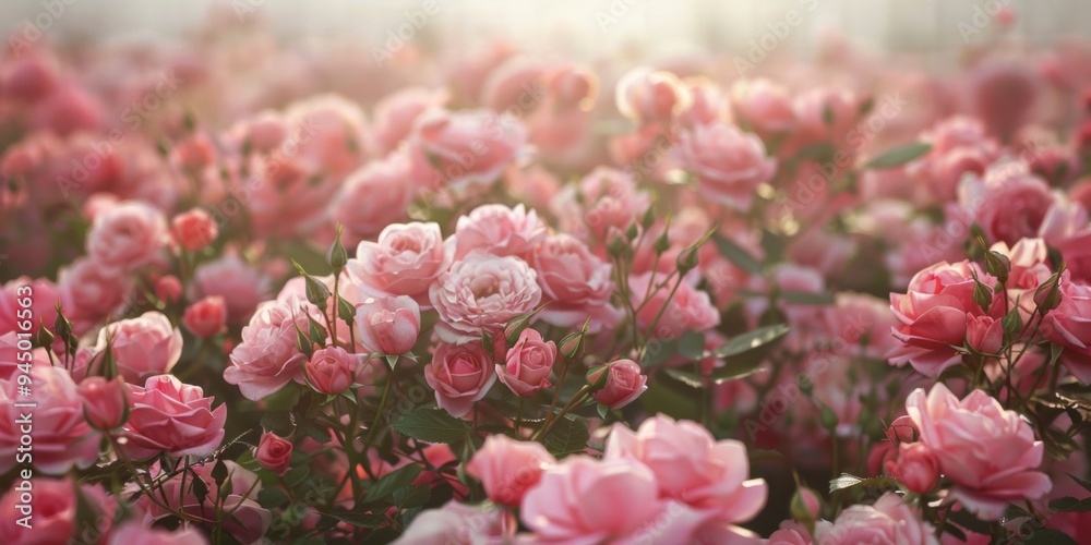 Blooming pink roses in a vibrant greenhouse garden filled with sunlight Blooming pink roses in a vibrant greenhouse garden filled with sunlight