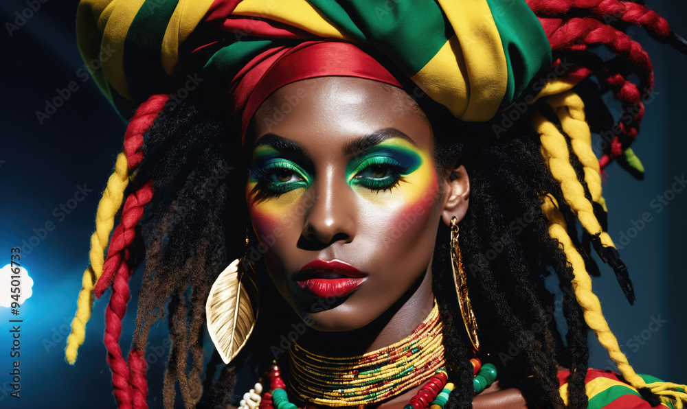 A woman with dreadlocks and colorful makeup looks directly at the camera A woman with dreadlocks and colorful makeup looks directly at the camera