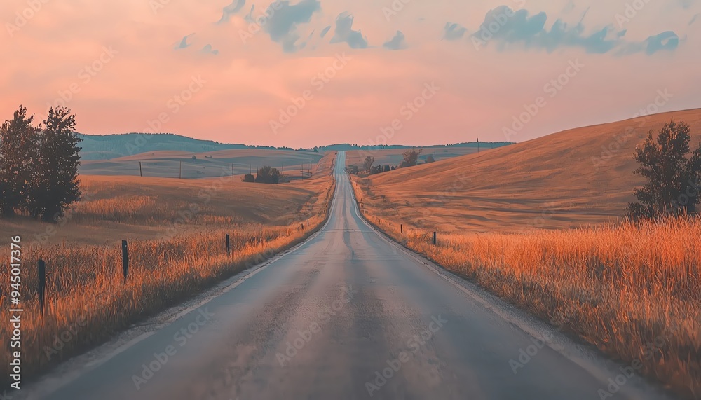 Empty road stretching through a scenic landscape with golden hills and a soft pink sunset. Empty road stretching through a scenic landscape with golden hills and a soft pink sunset.