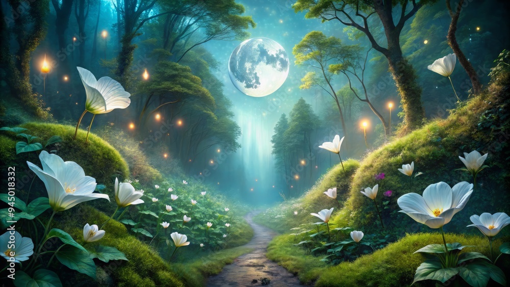 Ancient secrets unfold amidst whispers of mystique, as moonbeams carve an ethereal path through fog and silk-like moss, surrounded by shimmering moonflowers and fluttering butterflies. Ancient secrets unfold amidst whispers of mystique, as moonbeams carve an ethereal path through fog and silk-like moss, surrounded by shimmering moonflowers and fluttering butterflies.