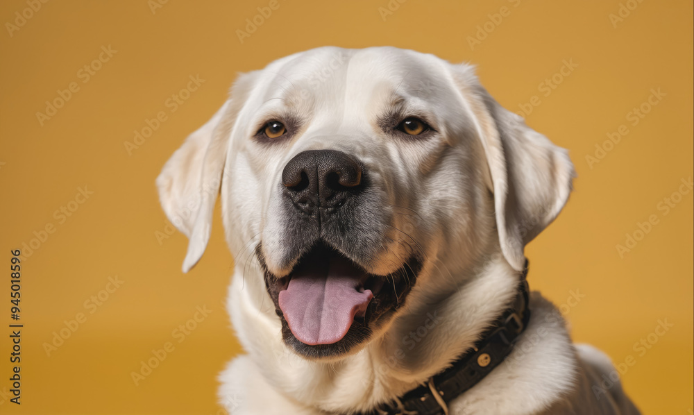 A white labrador retriever smiles at the camera, with its tongue out, in front of a yellow background A white labrador retriever smiles at the camera, with its tongue out, in front of a yellow background