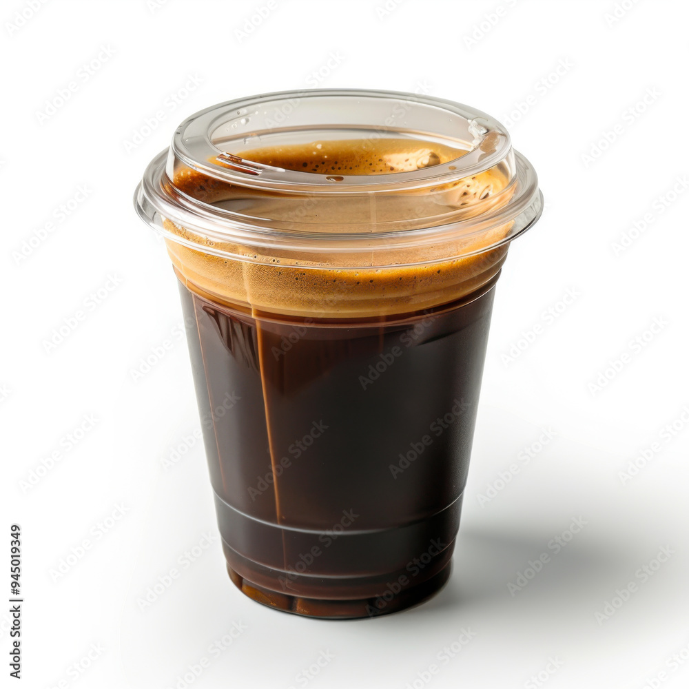A clear cup filled with rich, dark coffee, showcasing its creamy foam and inviting aroma, perfect for coffee lovers.