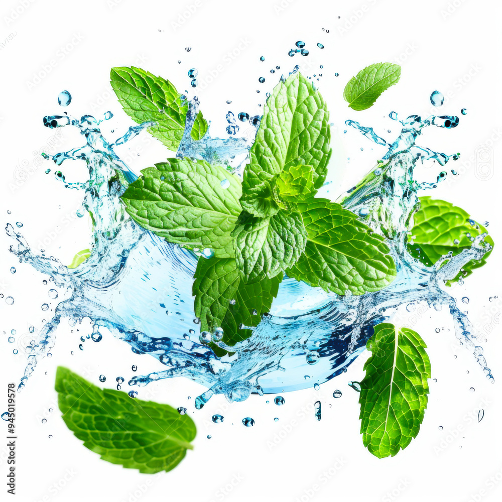 Fresh mint leaves splashing in crystal clear water, symbolizing freshness and natural flavor. Perfect for culinary or wellness themes. Fresh mint leaves splashing in crystal clear water, symbolizing freshness and natural flavor. Perfect for culinary or wellness themes.
