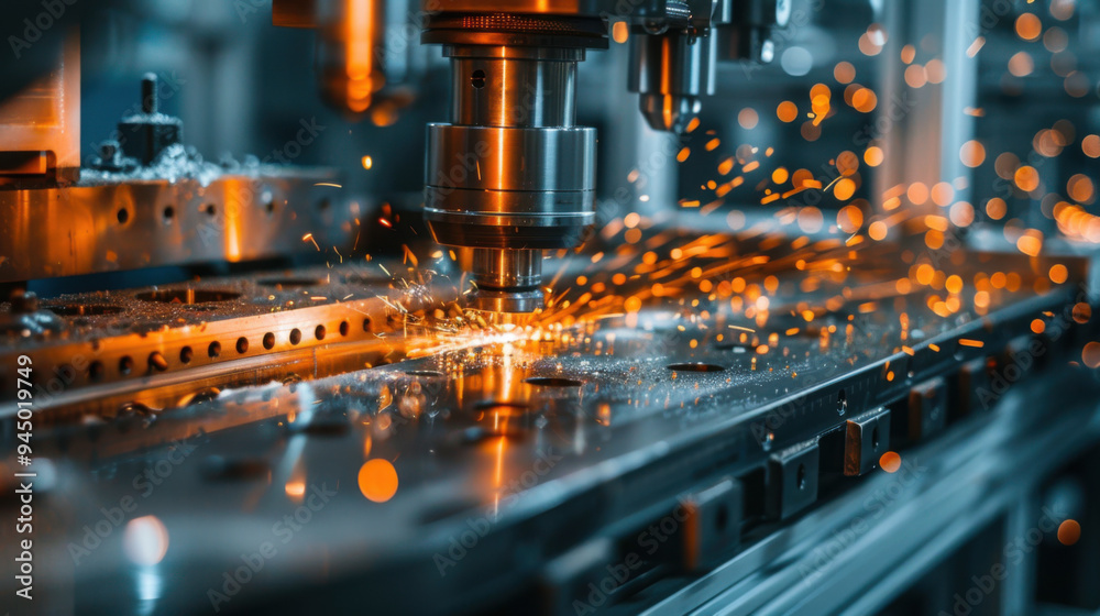 A CNC machine cutting through metal, producing bright sparks in an industrial setting, illustrating precision engineering and manufacturing. A CNC machine cutting through metal, producing bright sparks in an industrial setting, illustrating precision engineering and manufacturing.
