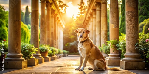 A regal dog sits amidst ancient columns, its silky fur glistening in warm sunlight, its brown eyes aglow, surrounded by serene atmosphere and lush greenery. photo