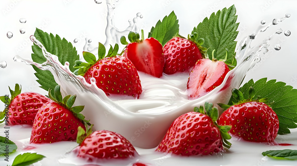Fresh Strawberries Splashing in Milk Fresh Strawberries Splashing in Milk
