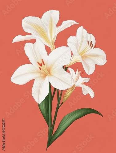 A bouquet of elegant white lilies against a soft coral background.