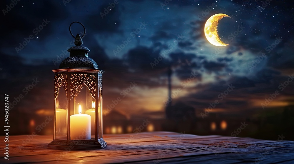 Ornate Lantern under a Crescent Moon Ornate Lantern under a Crescent Moon