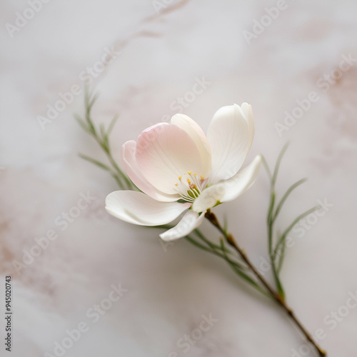 A delicate, soft-focus blossom flower with gentle, curved petals in shades of pale pink and creamy white, set against a subtle, mottled background that evokes a sense of natural textures and earthy to