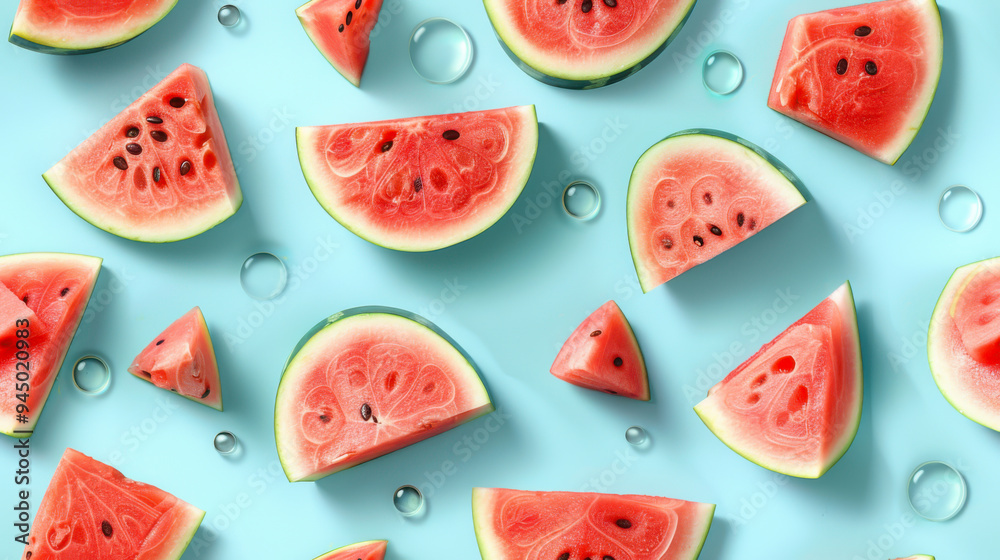 slices and whole, shot from above, making a fun pattern on a watermelon background slices and whole, shot from above, making a fun pattern on a watermelon background