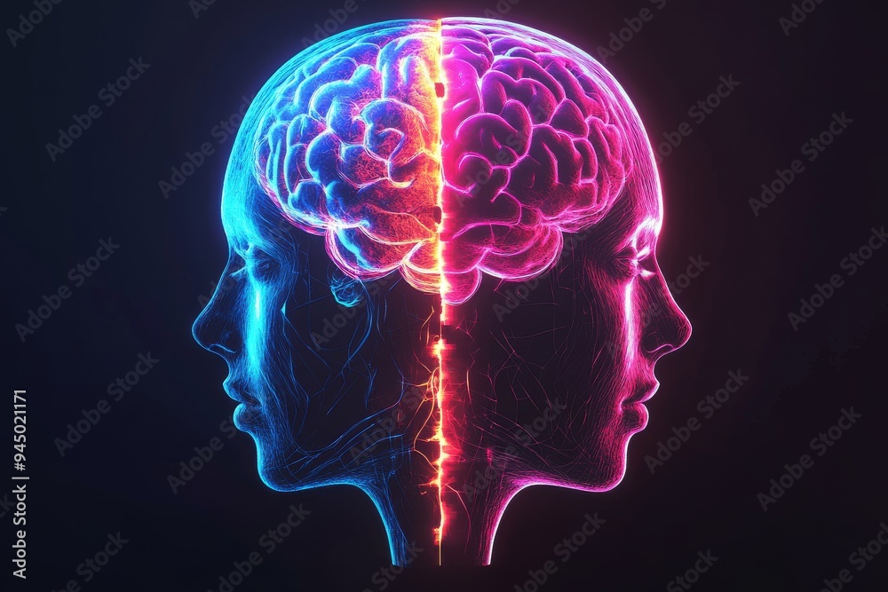 Obraz premium A surreal double exposure of a couple with glowing neural connections symbolizing the deep intellectual and emotional bond in their relationship