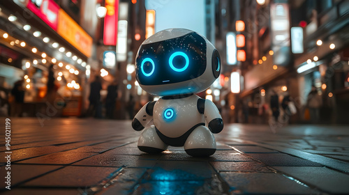 Cute Robot Standing on a City Street at Night