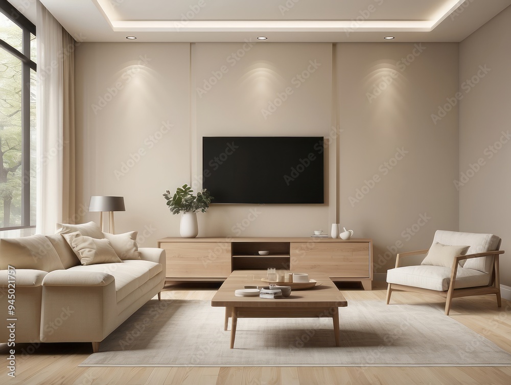 Minimalist Living Room with Beige Sofa, TV, and Wooden Furniture Minimalist Living Room with Beige Sofa, TV, and Wooden Furniture