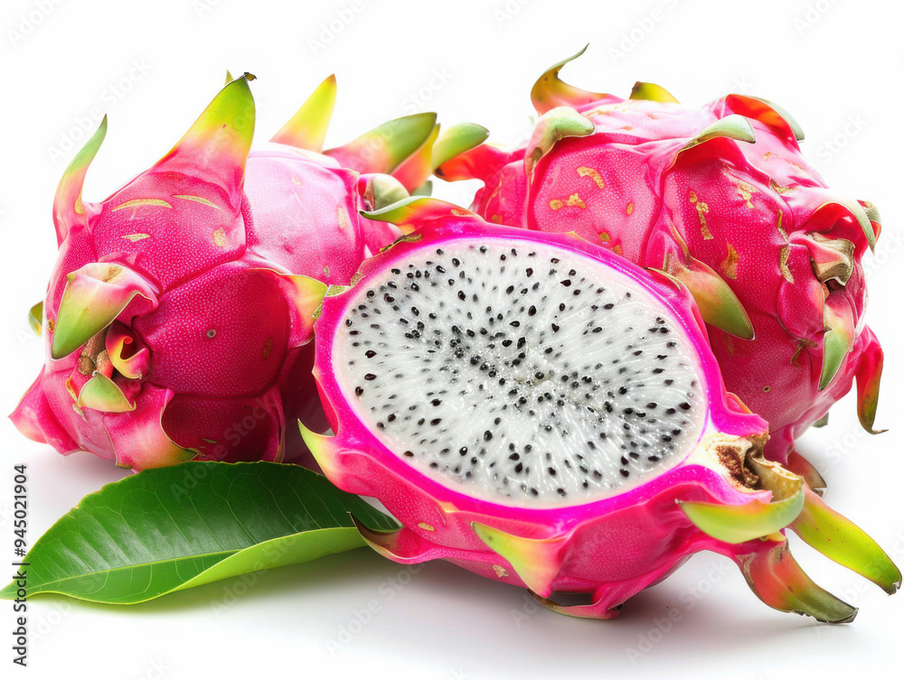Fresh dragon fruit with sliced and water droplets isolated on white background Fresh dragon fruit with sliced and water droplets isolated on white background