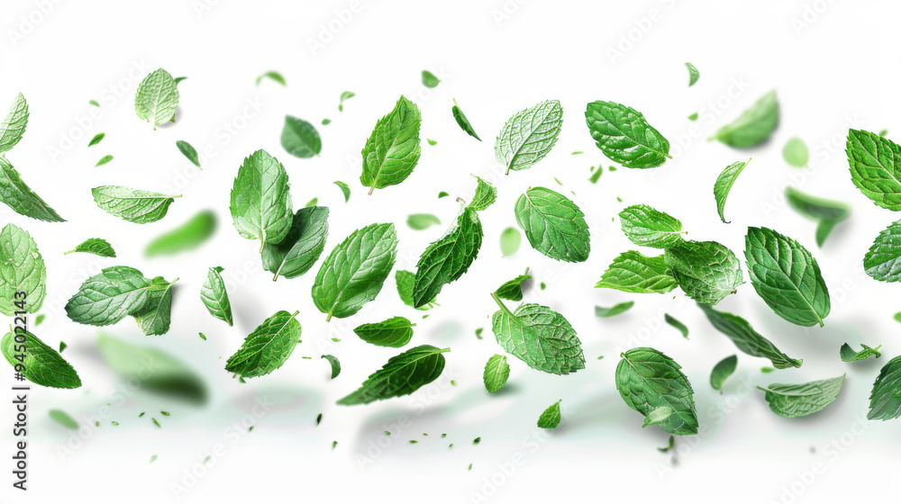 Falling juicy Mint leaves with green leaves isolated on transparent background. Flying defocusing slices of Mint leaves. Falling juicy Mint leaves with green leaves isolated on transparent background. Flying defocusing slices of Mint leaves.
