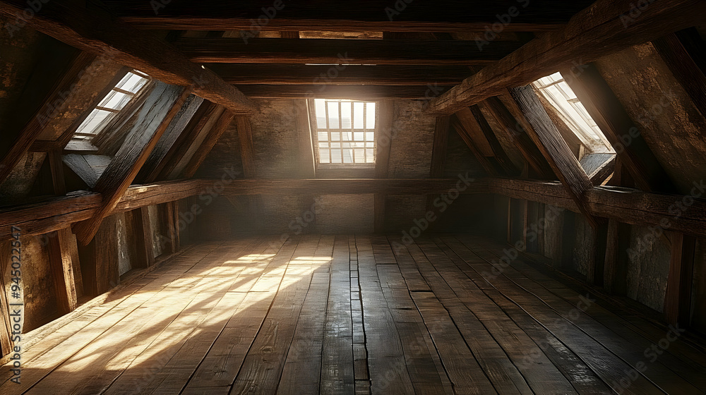 Rustic Attic Interior With Wooden Beams and Windows Rustic Attic Interior With Wooden Beams and Windows