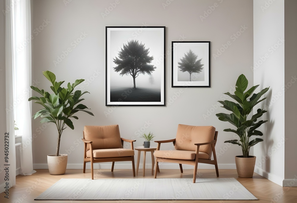 A minimalist living room with a wooden armchair, a potted plant, and a framed artwork depicting two trees in a misty, natural setting. A minimalist living room with a wooden armchair, a potted plant, and a framed artwork depicting two trees in a misty, natural setting.