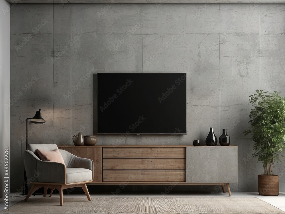 Modern living room with a flat-screen TV and a wooden cabinet Modern living room with a flat-screen TV and a wooden cabinet