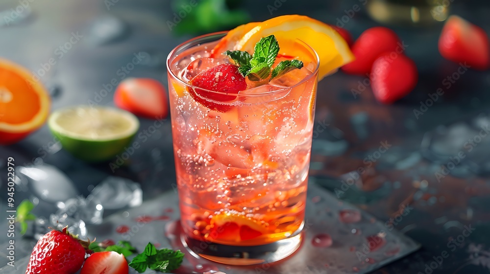 A bright fruit cocktail and an invigorating and filling treat in a glass A bright fruit cocktail and an invigorating and filling treat in a glass