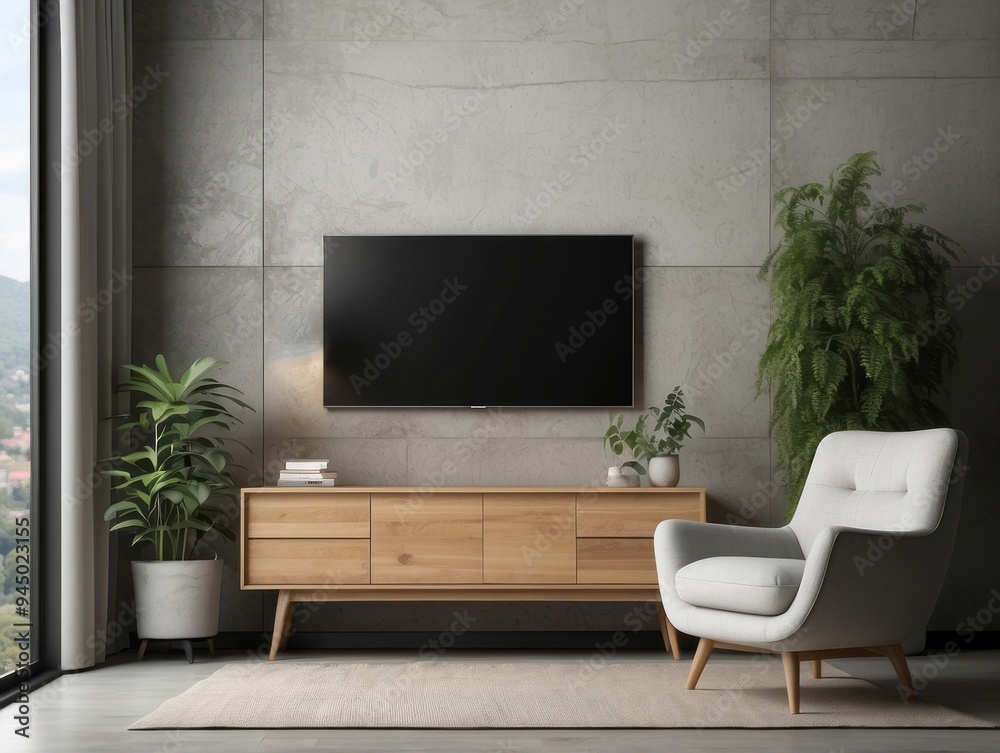 Modern Living Room with TV, Armchair, and Plants Modern Living Room with TV, Armchair, and Plants