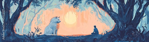 A mystical wolf sits beneath a tree, watching a person meditating in front of a bright sunrise.