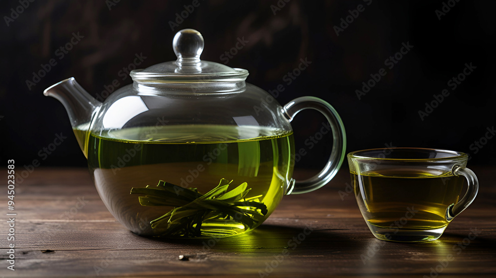 Glass teapot with green tea on dark wooden table views Ai generative.
Glass teapot with green tea on dark wooden table views Ai generative.