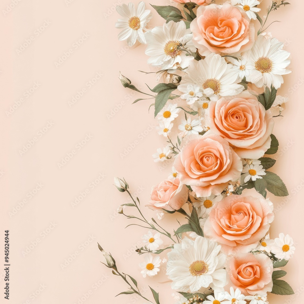 Elegant Floral Border with Peach Roses and White Daisies
