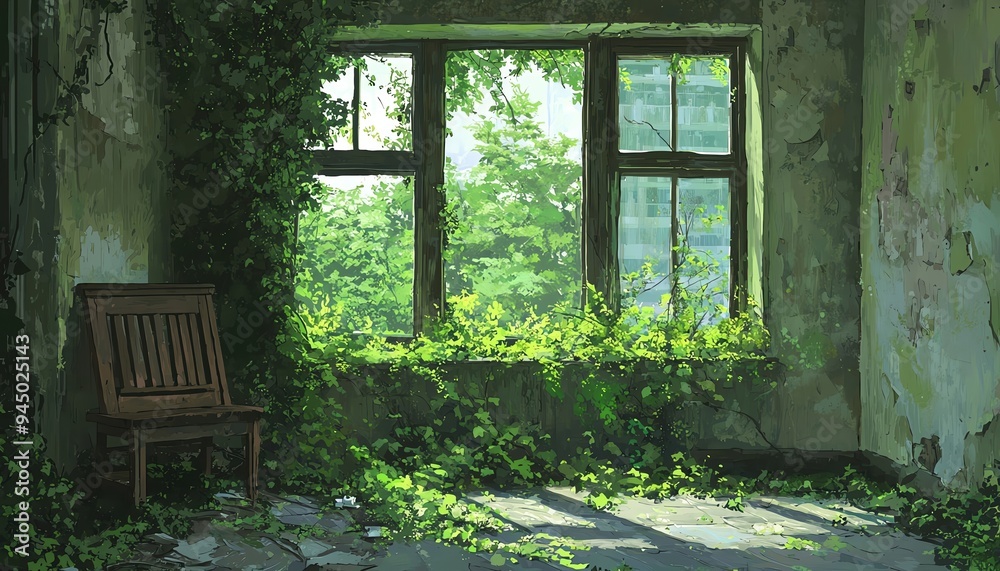 Overgrown window in abandoned room with chair Overgrown window in abandoned room with chair