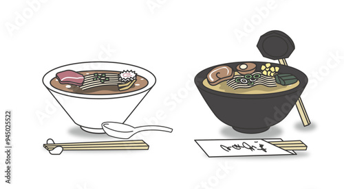 醤油ラーメンと味噌ラーメンの二椀イラスト / Soy Sauce & Miso Ramen Bowls Duo