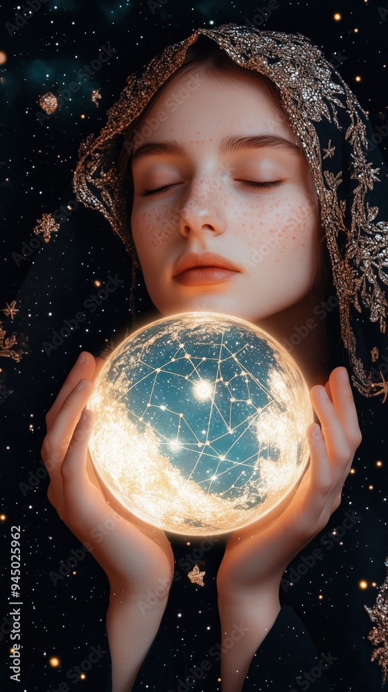Naklejka premium Enchanting Portrait of a Woman Holding a Glowing Orb Under a Starry Sky, Symbolizing Mystical and Celestial Themes with a Touch of Fantasy and Magic