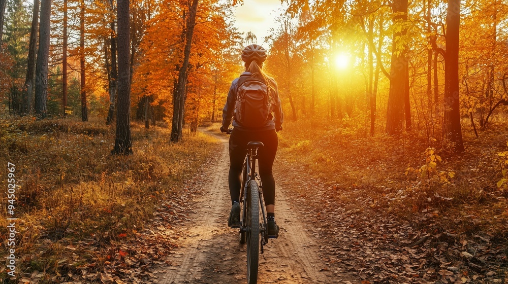 Fototapeta premium Person cycling on a dirt path surrounded by vibrant autumn foliage during sunset near a forested area