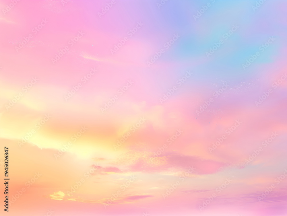 Beautiful fantasy sky with clouds in pastel pink, blue and yellow tones. Sunrise or sunset sky background