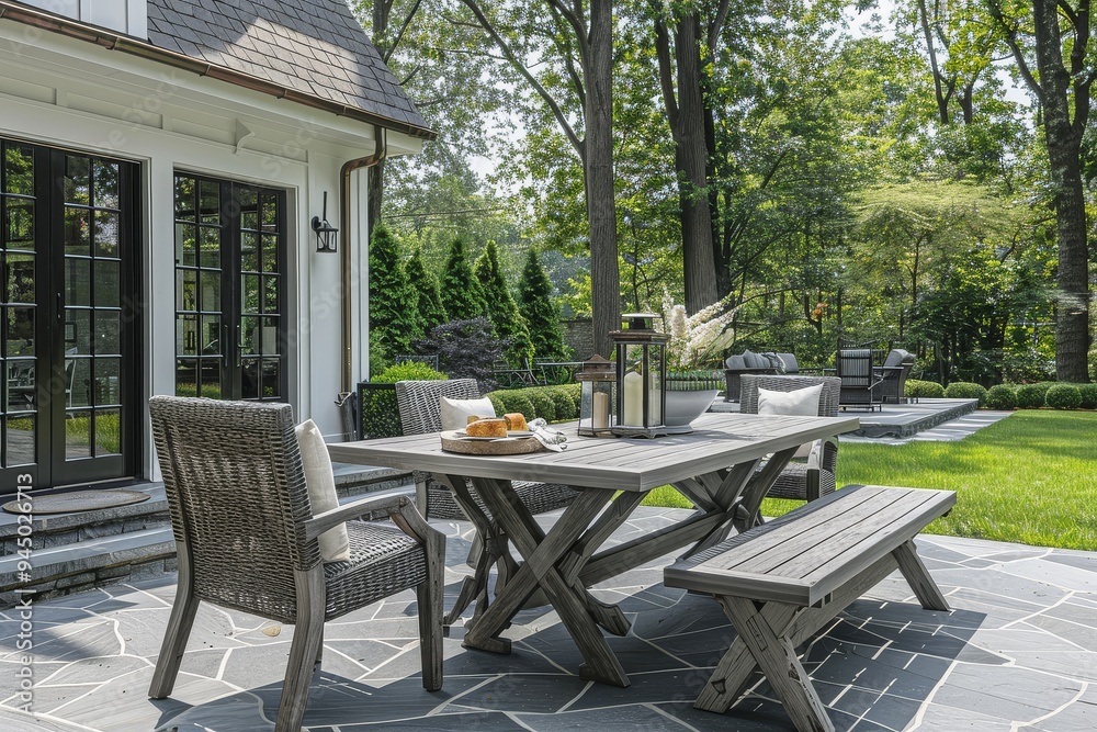 Outdoor Dining Set with Grey Finish, Armchairs, and Bench on Patio with Herringbone Pattern Wooden Table Outdoor Dining Set with Grey Finish, Armchairs, and Bench on Patio with Herringbone Pattern Wooden Table