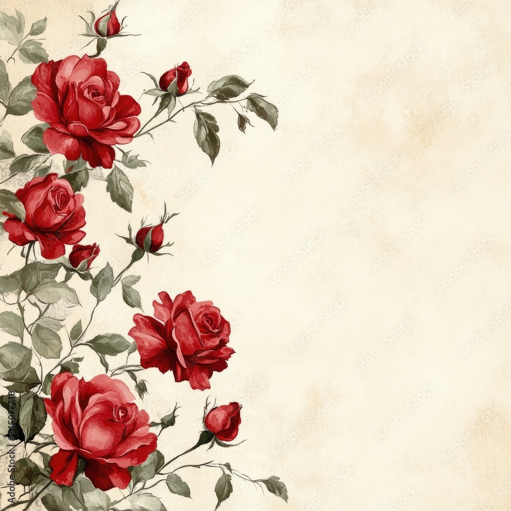 Elegant Red Roses Border with Delicate Green Leaves on Beige Elegant Red Roses Border with Delicate Green Leaves on Beige