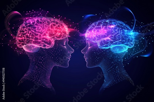 A vibrant conceptual portrait of two faces with digital brain patterns representing the intersection of creativity intellect and emotion in modern communication