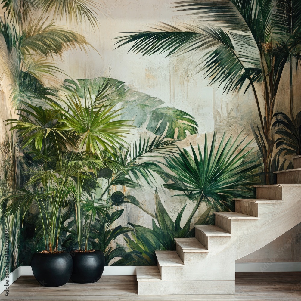 Fototapeta premium Elegant Room Design Featuring Cascading Palm Leaves and Staircase