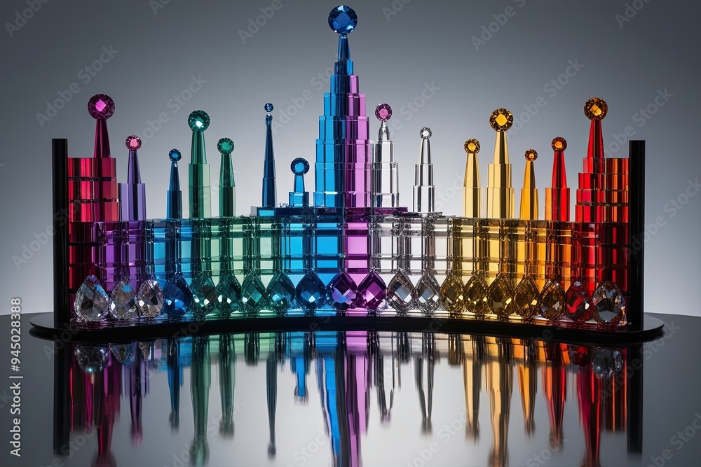 Dazzling Three-Dimensional Portrayal of Chromatic Spectrum with Glistening Facets and Captivating Colorful Assembly Dazzling Three-Dimensional Portrayal of Chromatic Spectrum with Glistening Facets and Captivating Colorful Assembly
