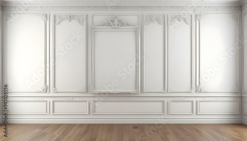 A classic white interior with ornate moldings and panels, a hardwood floor, and three empty frames on the wall.