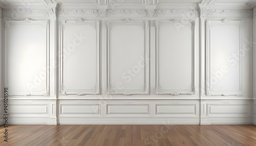 A classic white interior with ornate moldings and panels, a hardwood floor, and three empty frames on the wall.