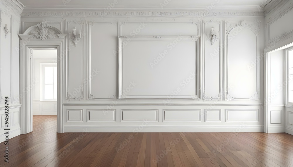 A classic white interior with ornate moldings and panels, a hardwood floor, and three empty frames on the wall. A classic white interior with ornate moldings and panels, a hardwood floor, and three empty frames on the wall.