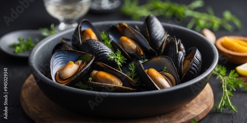 Fresh steamed mussels in a black dish garnished with herbs. photo