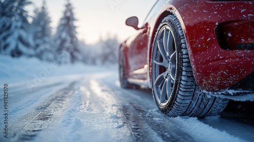 Close-up of the wheels of a car with winter tires on a snowy road in the forest